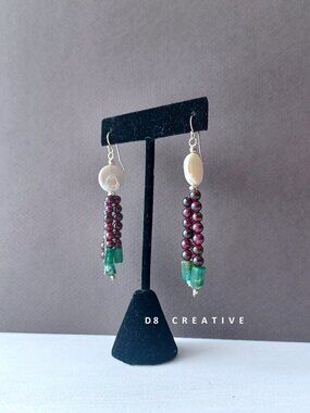 New handmade freshwater pearl with sterling silver and garnet tassel earring